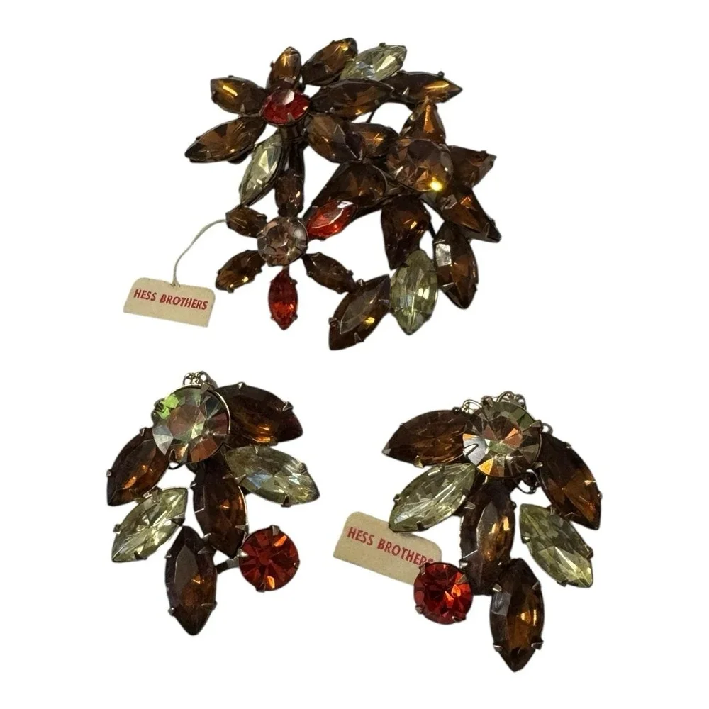 Beau Jewels Signed Givre Rhinestone Brooch‎ Pin Earring Set AB Root Beer